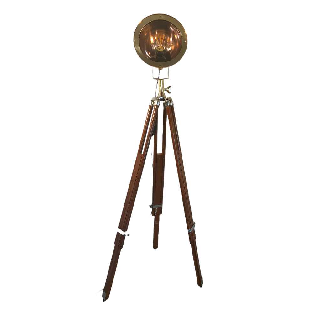 Retro Copper & Brass Cargo Light Teak Tripod Floor Lamp Lighting Any Old Vintage   