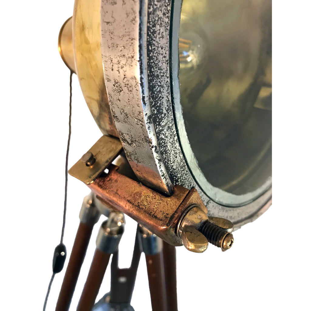 Vintage Brass & Aluminium Nautical Cargo Light on Teak Tripod Lighting Any Old Vintage   