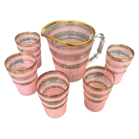 Mid-century Frosted Pink Jug with 5 Glasses - Any Old Vintage