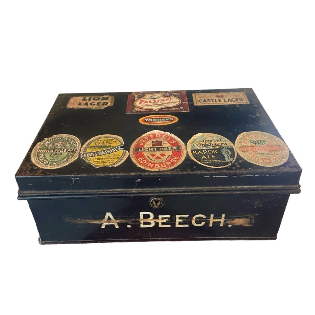 Vintage Black Metal Storage Tin with Stickers - Any Old Vintage