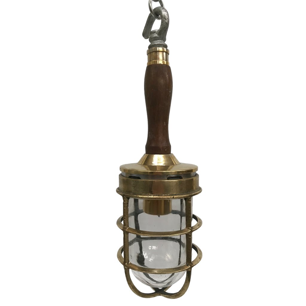 Vintage Nautical Wooden-Handled Brass Inspection Pendant Light - Any Old Vintage
